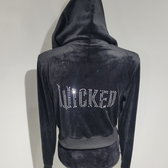 Wicked Kids Velour Rhinestone Embellished Zipper Hoodie Small Black Whimsy Y2K - Picture 8 of 10